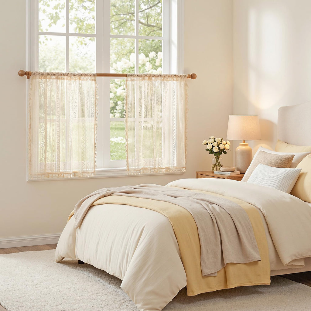 Beige Lace Tier Curtains 24 Inch Length 2 Panels Kitchen Cafe Sheer Short Boho Half Country Rod Pocket Curtains for