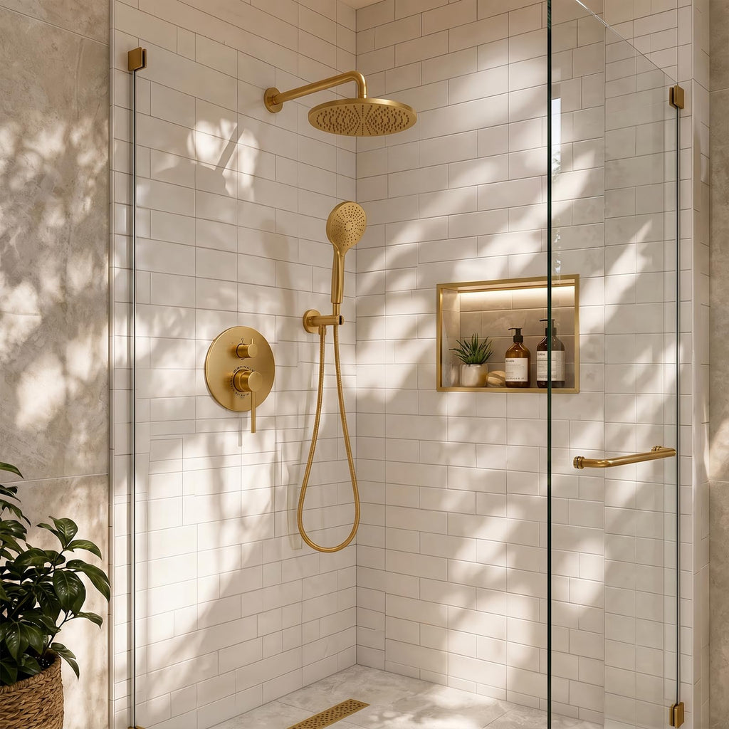 Brushed Gold Rain Shower Head Shower Faucet System Fixture Set