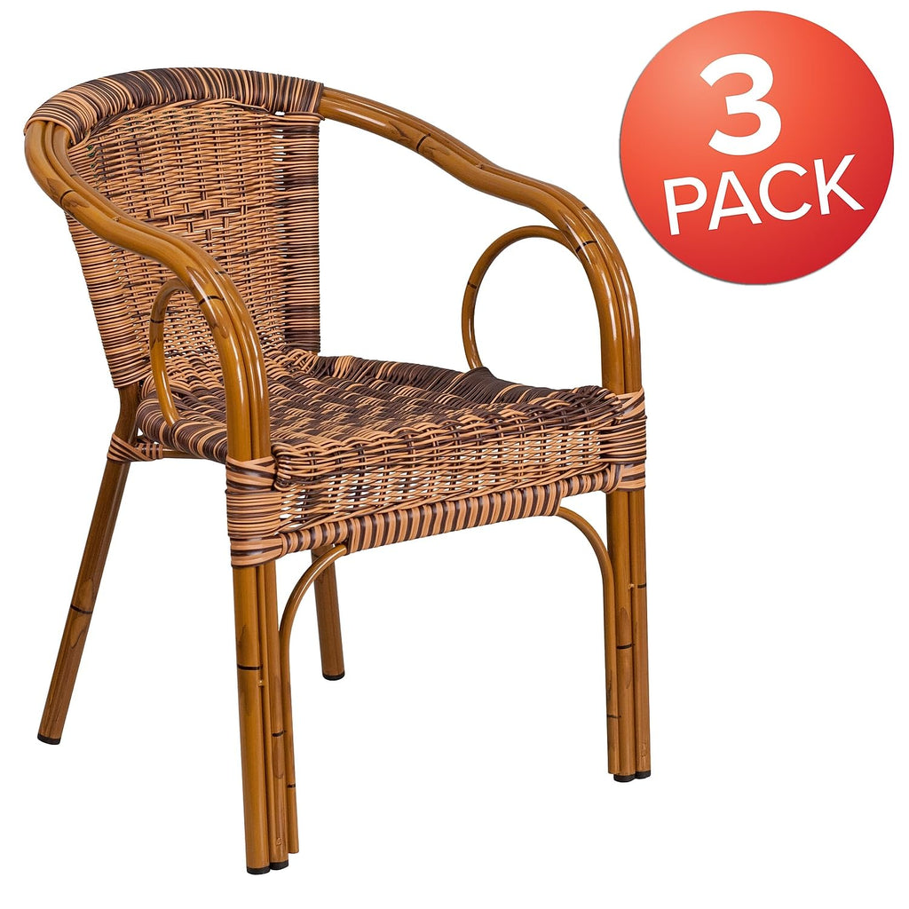 3 Pack Cadiz Series Burning Brown Rattan Restaurant Patio Chair with Dark Red Bamboo-Aluminum Frame