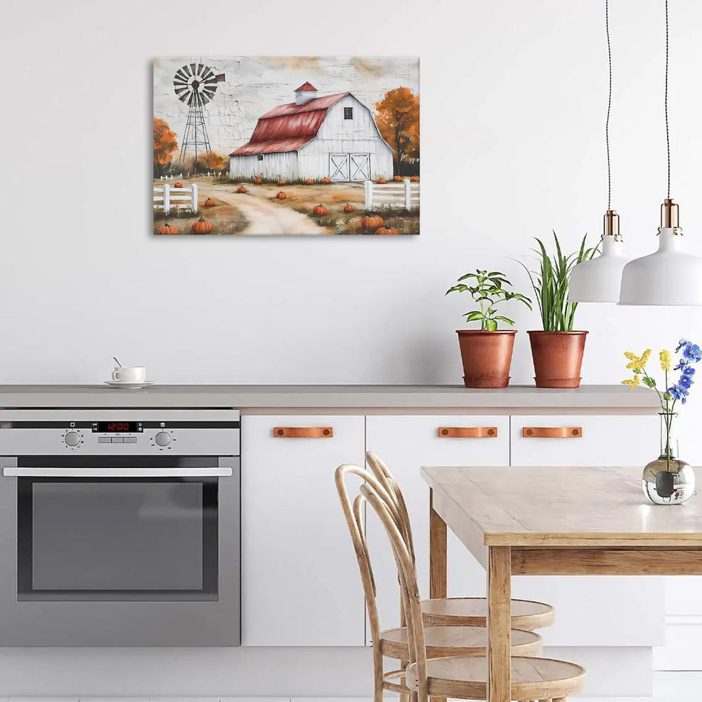 Country Autumn Landscape Canvas Wall Art Farmhouse Barn Windmill Pictures Wall Decor Kitchen Bedroom Fall Decorations
