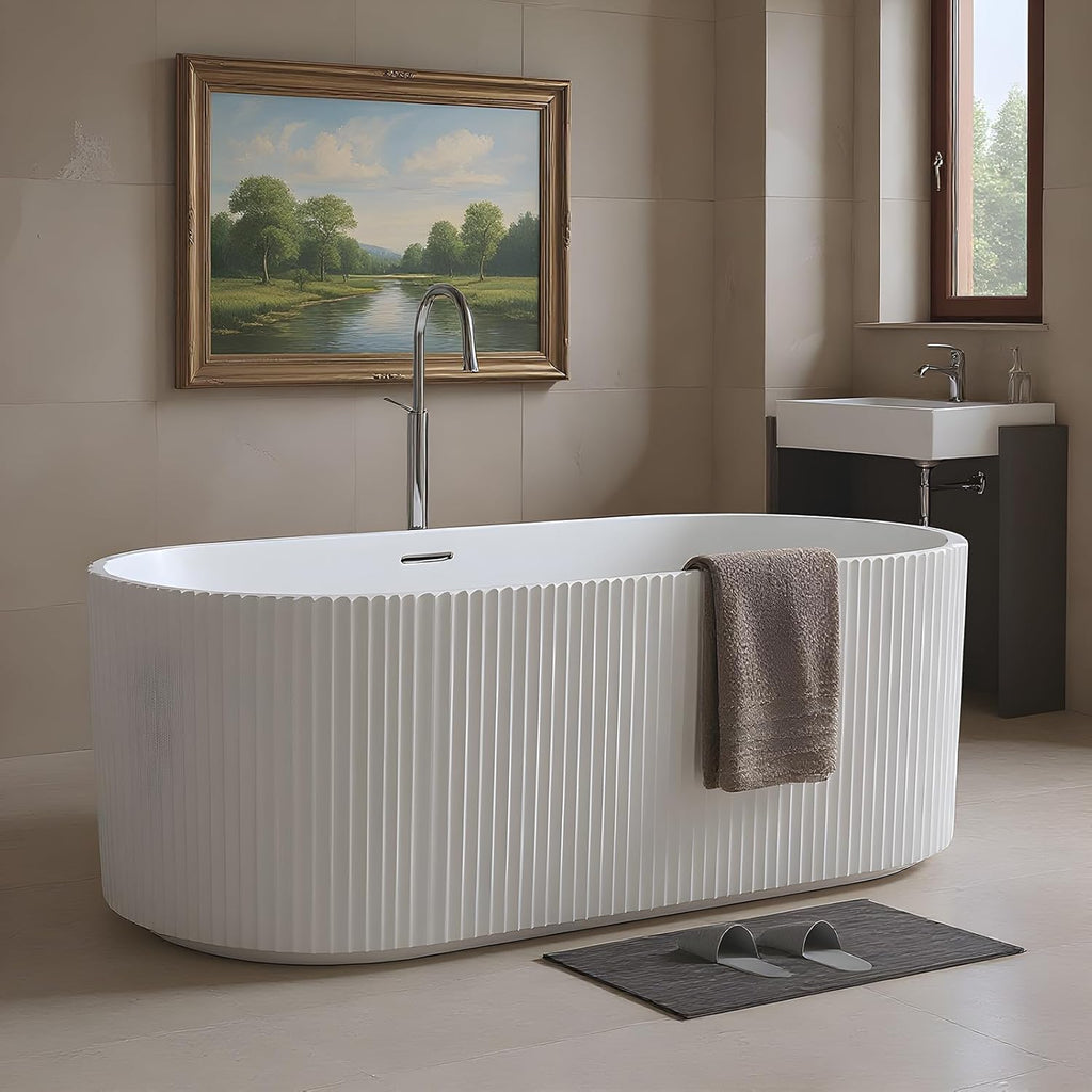 59'' Freestanding Bathtub, Deep Acrylic Soaking Tub with Non-Slip Base, cUPC Certified Modern Free Standing Tub