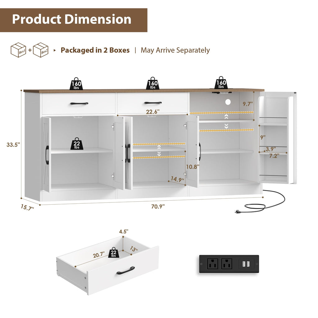 71"W Kitchen Buffet Cabinet with Storage, Large Coffee Bar Cabinet