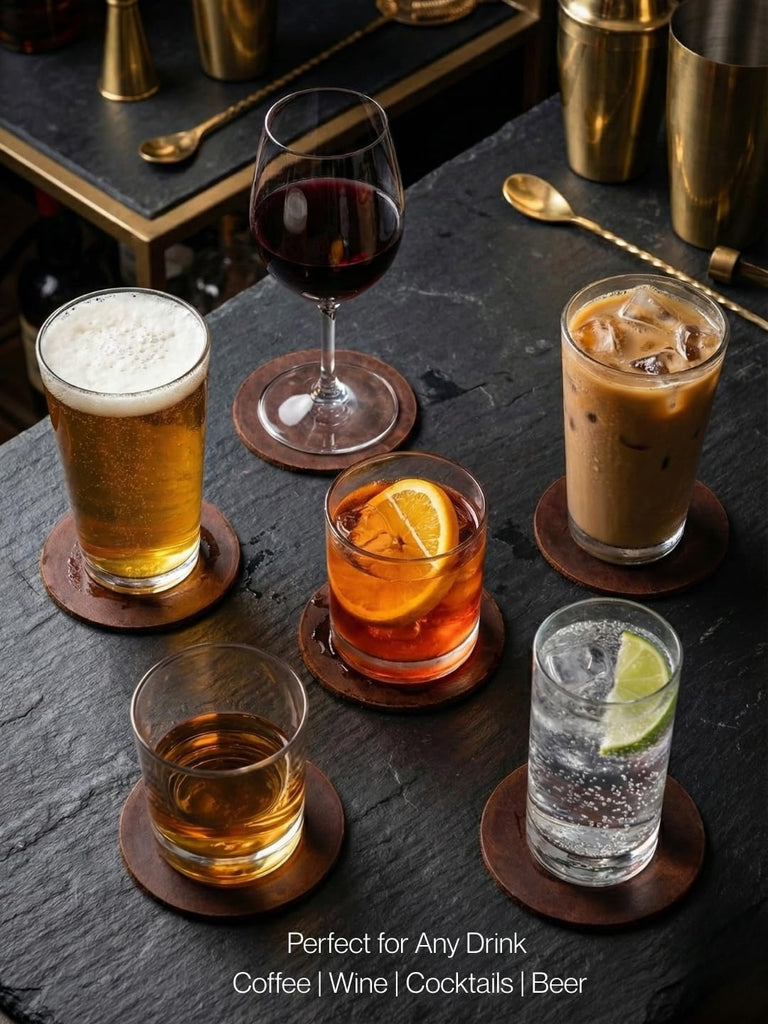 Real Natural Grain Leather Coasters - Durable Non-Slip Distressed Design for Table Protection in Home - Set of 6