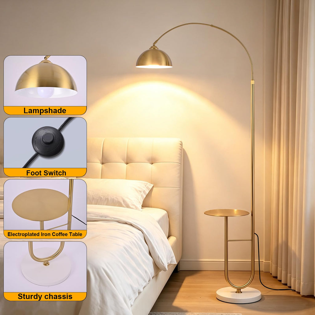 Gold Arc Floor Lamp with Table, Stepless Dimming & Remote, E26 Bulb Included