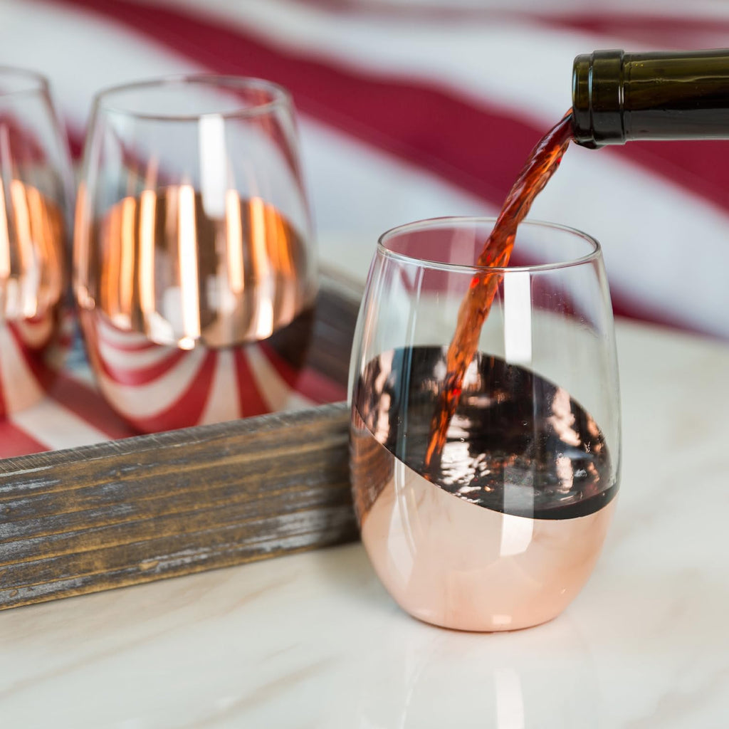 Stemless Wine Glasses Set of 4 - Copper Accent Modern Barware, Elegant Wedding & Celebration Cups with Luxe Metallic