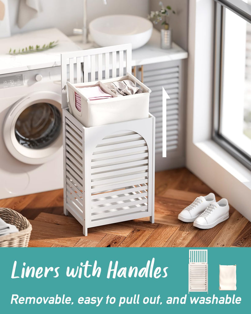 White Laundry Hamper, 22.5 Gallon (85L) Bamboo Wood Clothes Laundry Basket with Lid and Handles, Removable Liner
