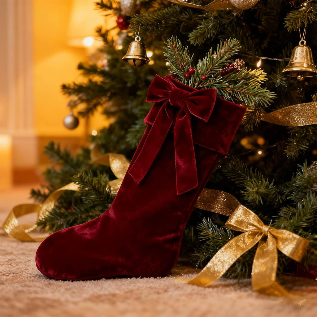 20 Inch Velvet Christmas Stocking, Christmas Decor Soft Velvet Stockings with Large Decorative Bow Luxury Velvet