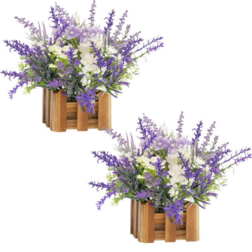Artificial Lavender Plants in Wooden Baskets - Set of 2