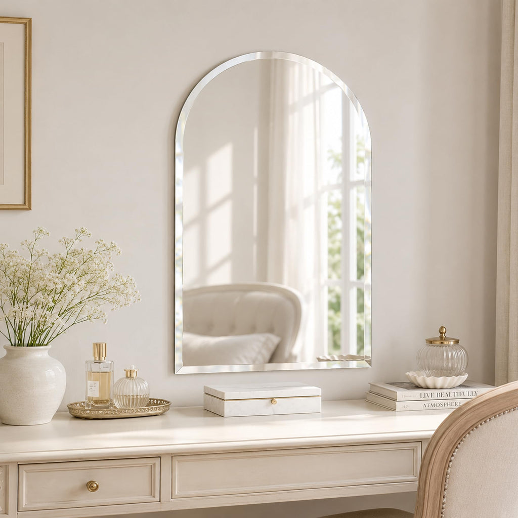 20x30 Inch Arch Top Frameless Beveled Wall Mirror for Vanity