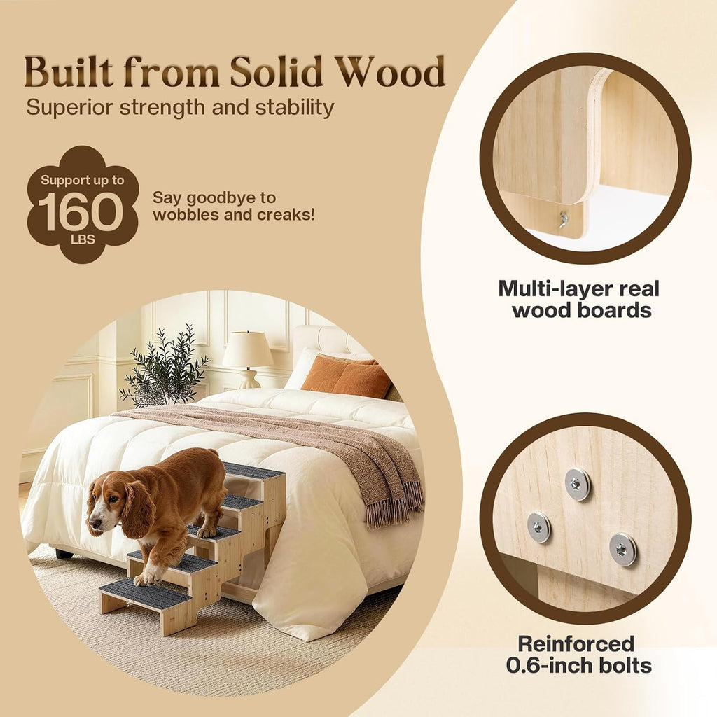 5-Step Wooden Dog Steps for Bed, Anti-Slip Dog Stairs with Carpet Pads, 23.6 Inches Pet Ramp for Dogs to Get on Bed