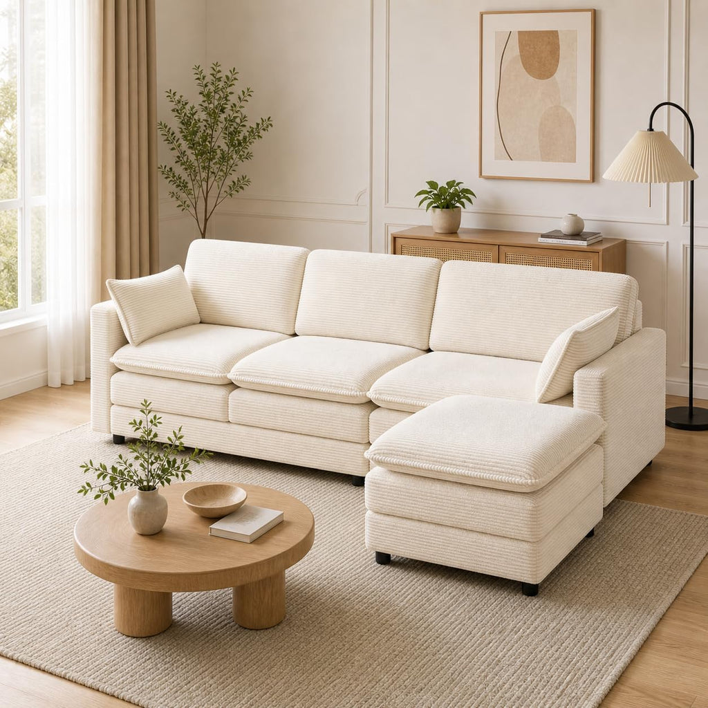 L Shaped Couch Sectional Sofa with Chaise 3 Seat Couch Modular Cloud Sofa Corduroy Couch Cream White Living Room