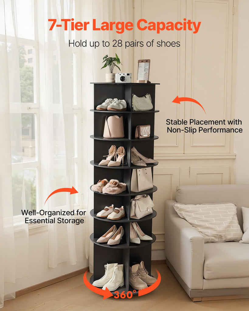 7 Tiers Rotating Shoe Rack Tower, 360° Spinning Shoe Rack, Revolving Storage Round Carousel Display, Freestanding