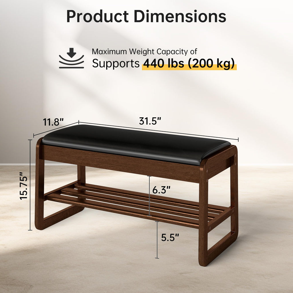 Shoe Rack Bench with Flip-Top Storage, Solid Rubberwood 2-Tier Shoe Organizer with Cushion, Wooden Shoe Stand
