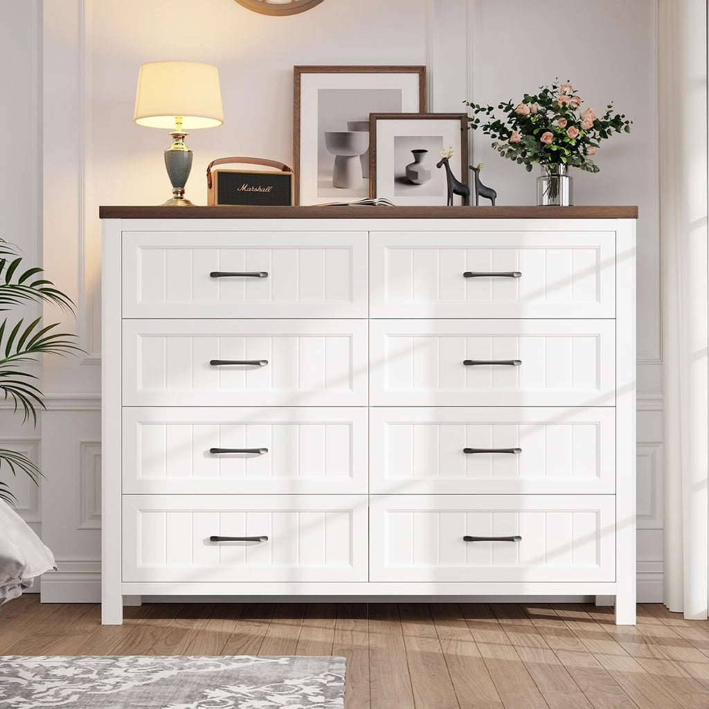 Farmhouse Dresser 8 Drawer Dresser , Large Wooden Dressers Double Grey Dresser with Deep Drawers Dressers (White and