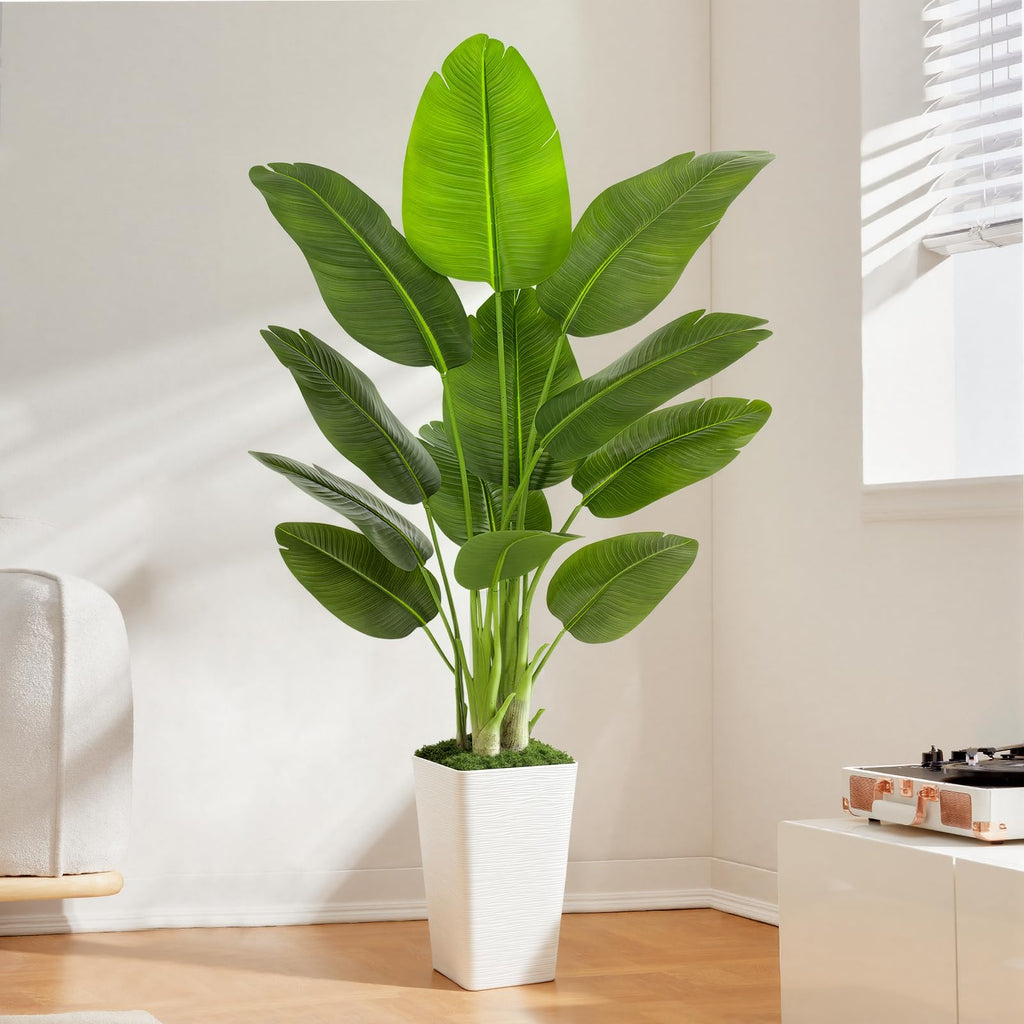 Lifelike Bird of Paradise Artificial Plant 6ft Faux Banana Leaf TRE with White Tall Wavy-Textured Planter Decor
