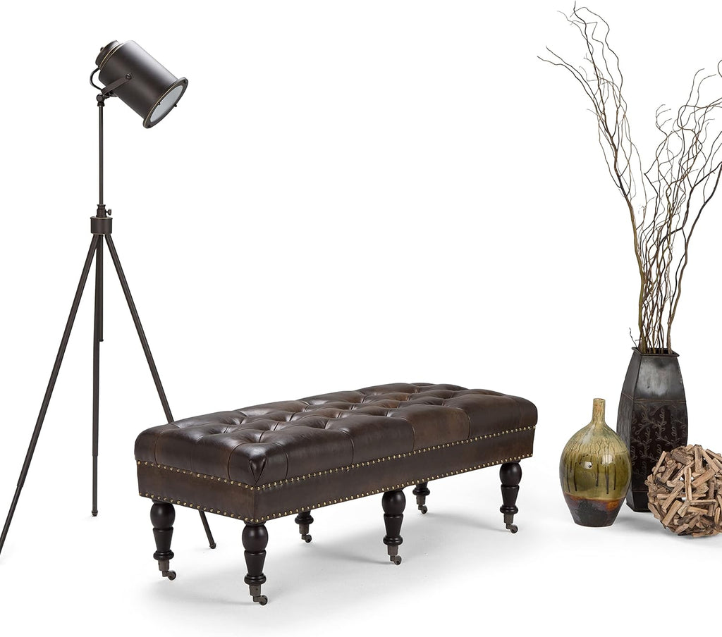 Lacey 41" Wide Vegan Leather Rectangle Ottoman in Saddle Brown | Traditional tufted ottoman bench with nail head trim
