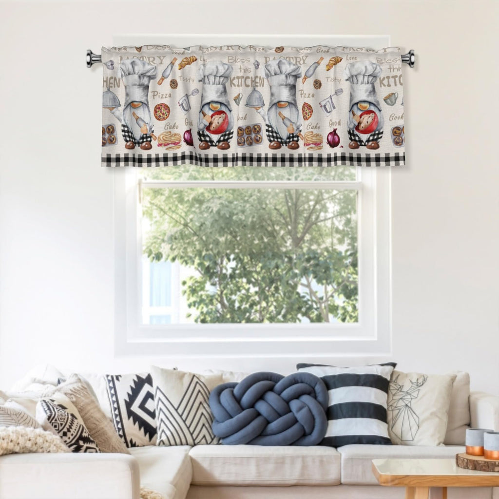 Chef Gnome Kitchen Valance, Black White Buffalo Plaid Short Curtains for Windows, Cooking Utensils Decoration Cafe