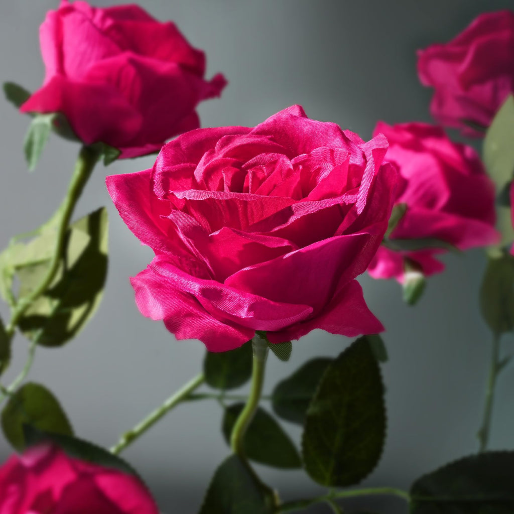 16 Pcs Fuchsia Roses, Long Stem Fake Roses Artificial Flowers, Silk Flowers Bouquet for Valentines Mothers Day