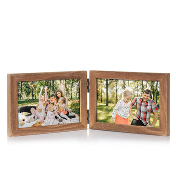 4x6 Double Horizontal Hinged Picture Frame Folding Photo Frame in Distressed Farmhouse Wood Grain Pine Wood with Real