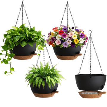 4 Pack 8 Inch Self Watering Hanging Planters for Indoor Outdoor Plants, Hanging Pots for Plants with Drainage