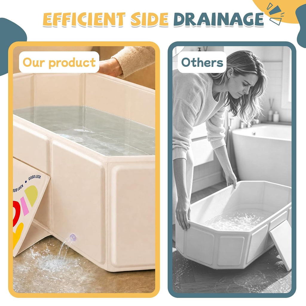 Toddler Bathtub with Side Drain Plug, Portable for Travel, White