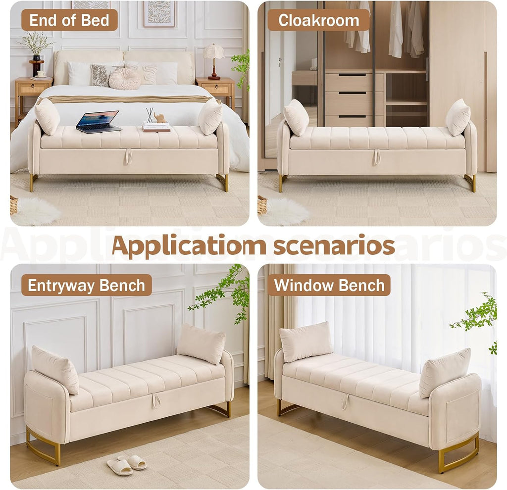 66" End of Bed Storage Bench King Size, Storage Benches , Beige | Velvet Foot of Bed Bech, Upholstered Storage