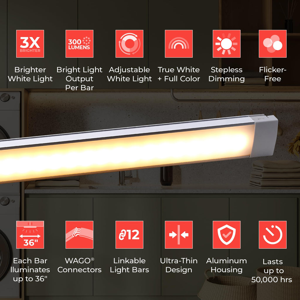 Professional Push Wire Matter Certified Smart Under Cabinet Lighting Kit, Adjustable White and RGB LEDs, Works