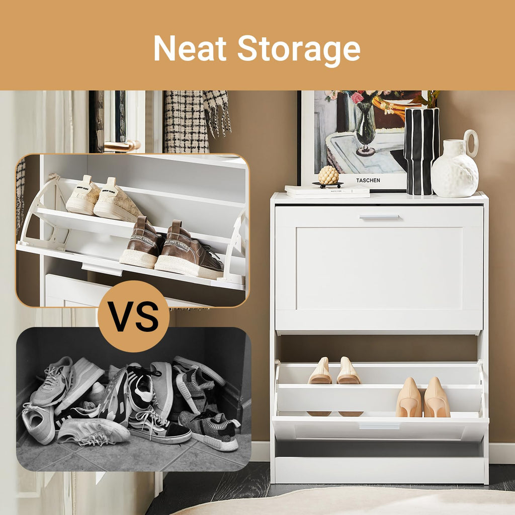 Hestiamo Entryway Flip Drawer Shoe Storage Cabinet, Narrow Size, White