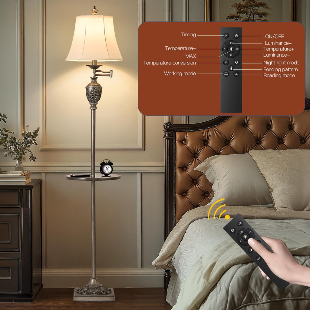 Traditional Floor Lamp with Tray, Remote Dimmable,350° Swing Arm and Silver