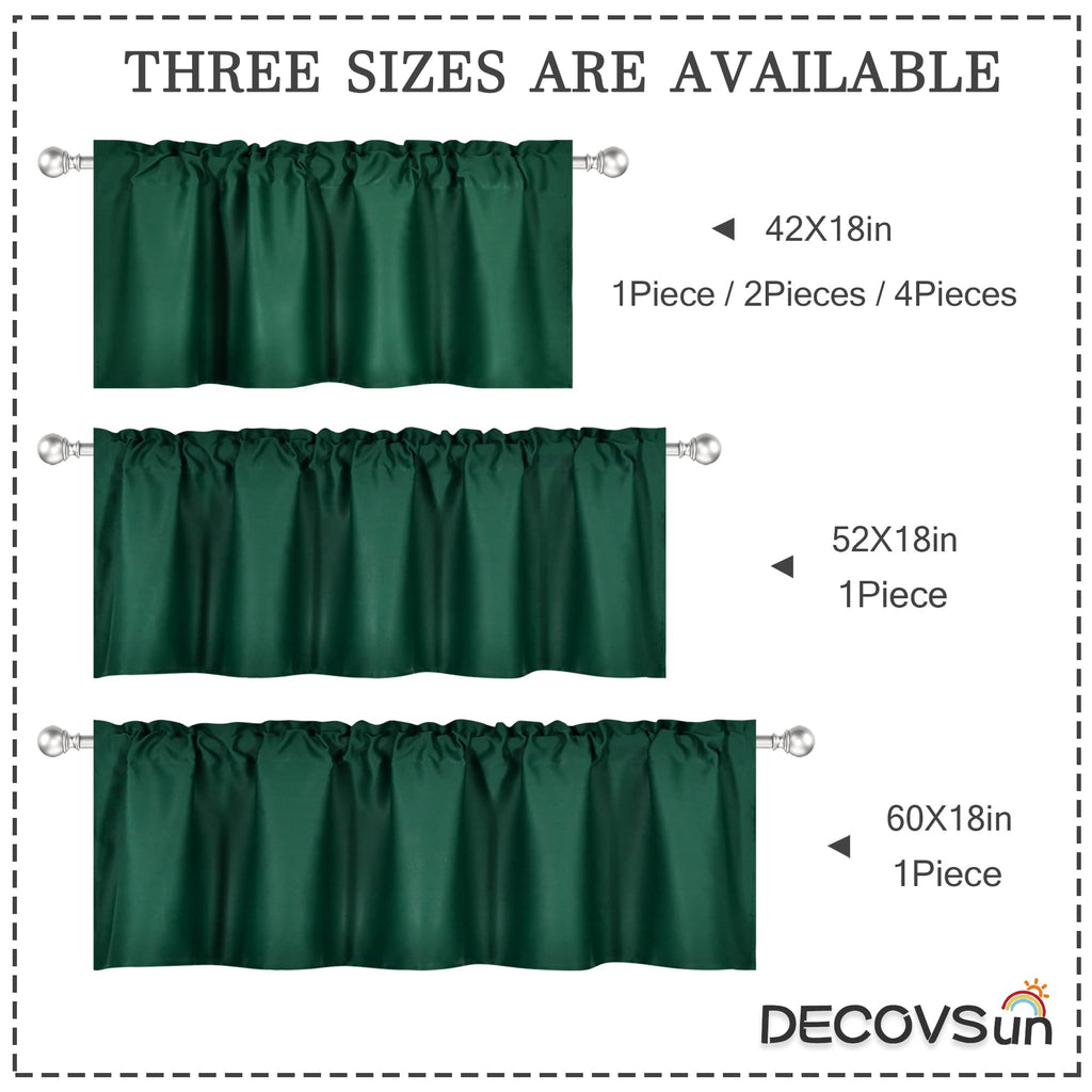 Deep Green Valance for Windows 42x18 Inch Solid Thermal Insulated Blackout Rod Pocket Kitchen Short Curtain Toppers