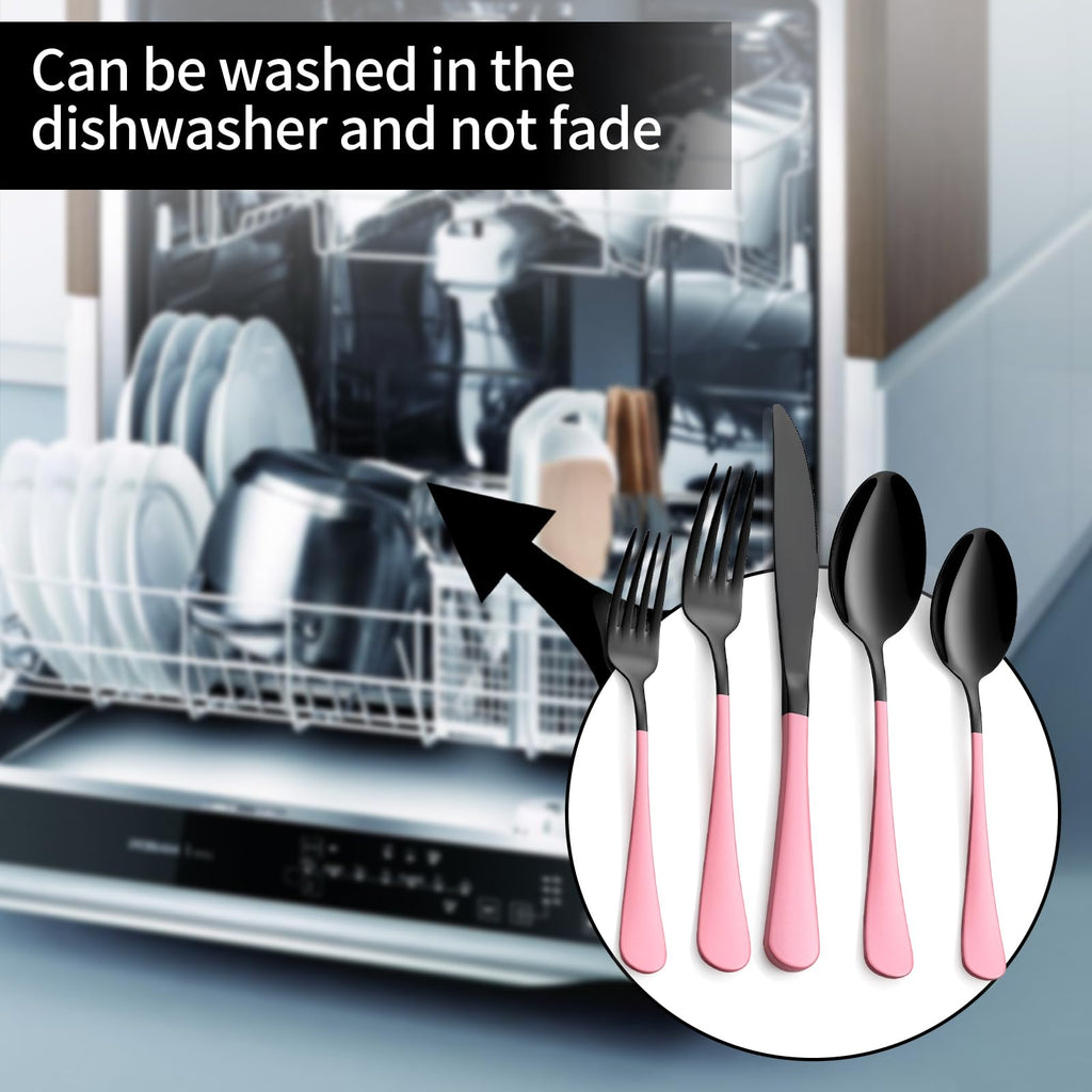 20-Pieces Blac and Pink Silverware Sets for 4,Pink Handle Stainless Steel Cutlery Set, Include Forks Spoons and