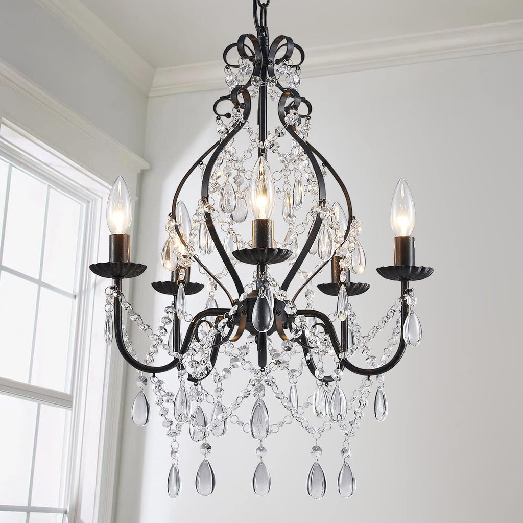 5-Lights Crystal Chandelier, Farmhouse Pendant Light Fixtures, H24 x D17,Chain Adjustable Max 59", Black Finish A109-B08MKLCXT3