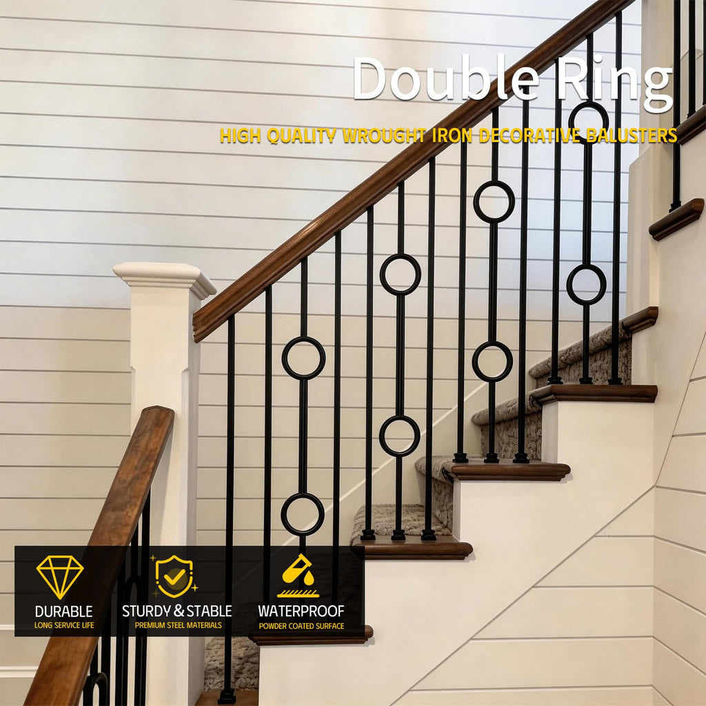 Wrought Iron Balusters (Set of 10), 1/2 inch Double Ring Hollow Straight Stair Spindles, Decorative Metal Balusters