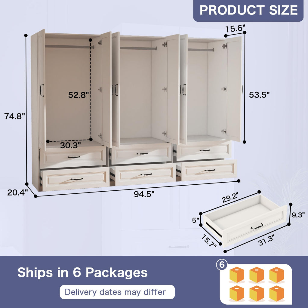 White Wardrobe Closet with 6 Drawers and 6 Doors, 75" H x 95" W