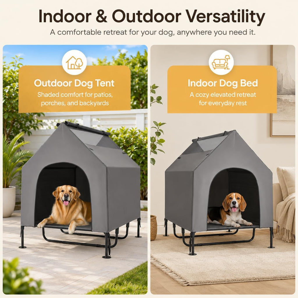 48" Large Dog House Outdoor for Large Dogs, 2-in-1 Waterproof Dog House & Elevated Dog Bed with Removable Canopy