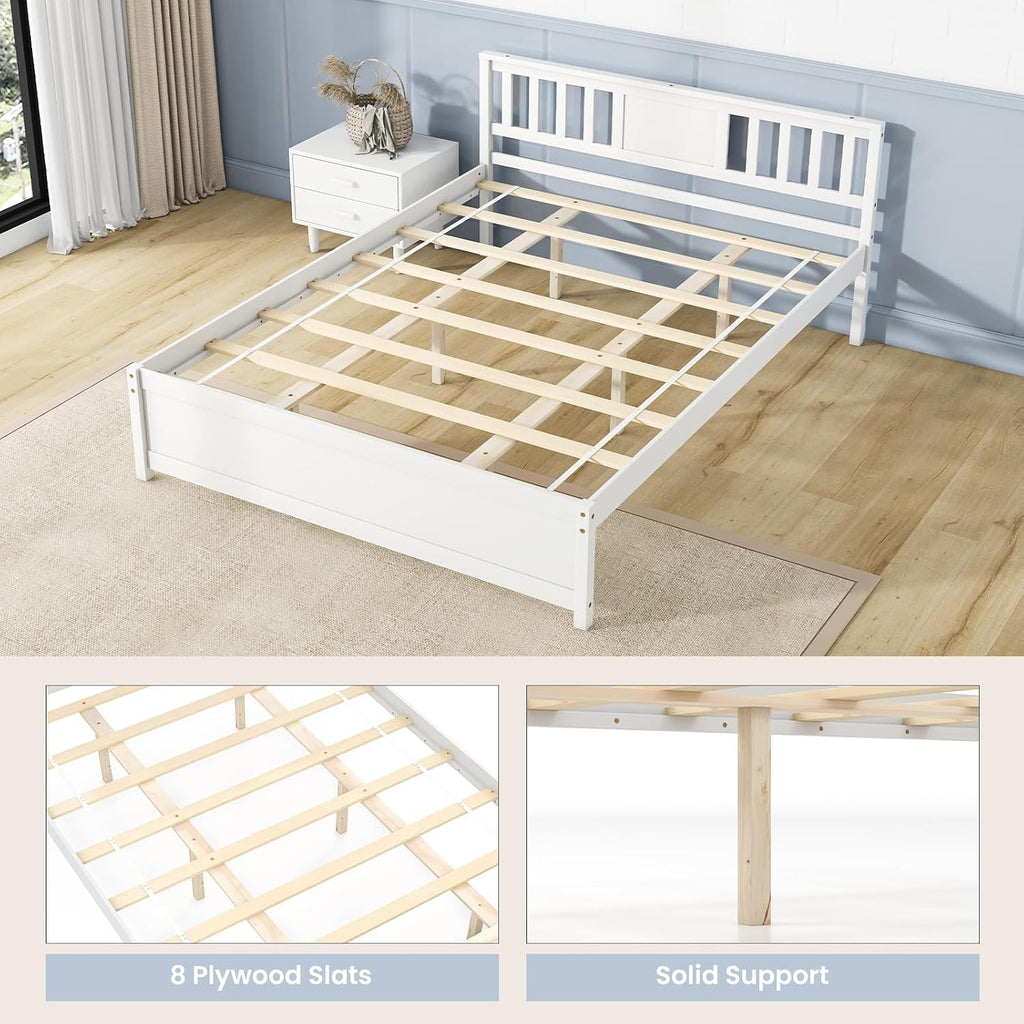 Queen Solid Wood Platform Bed Frame, Mid Century Queen Bed Frame with Headboard, Wooden Slat Support, Queen Panel
