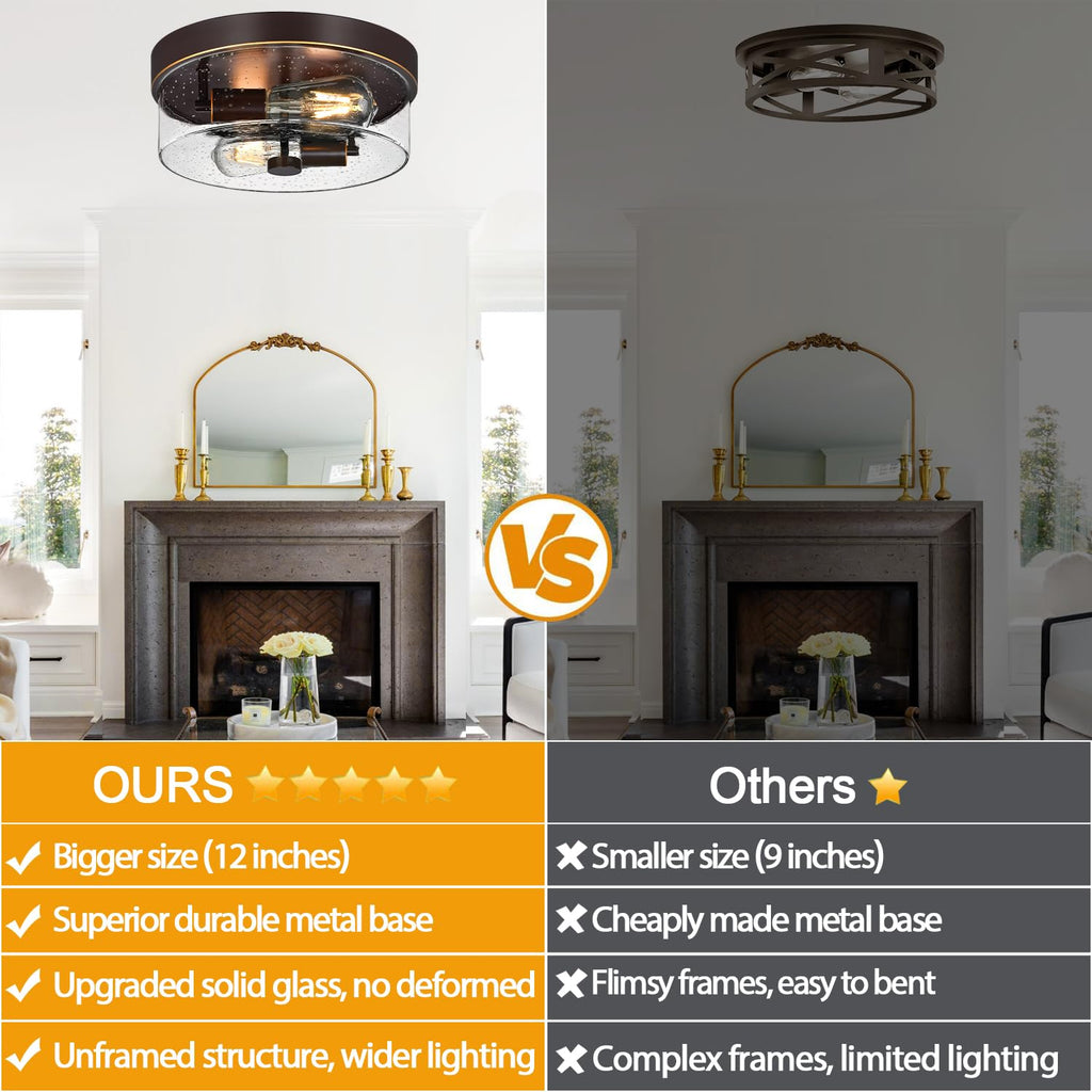 Flush Mount Ceiling Light Fixtures, 2-Light Oil Rubbed Bronze Ceiling Mount for Farmhouse with Seeded Glass