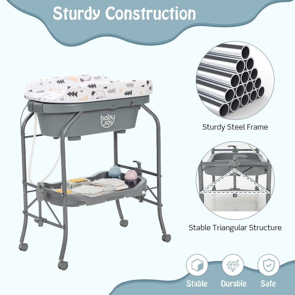 JOY Baby Bathtub with Changing Table, Foldable Infant Diaper Changing Station with Storage Tray, Waterproof Pad
