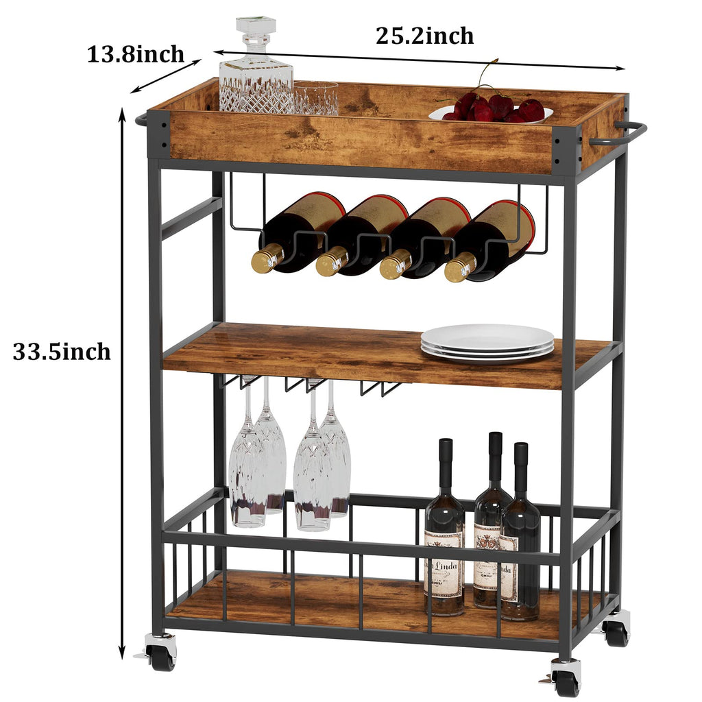 Bar Cart Serving Wine 3 Tier Home Rolling Rack with Wheels Mobile Kitchen Industrial Vintage Style Wood Metal Serving