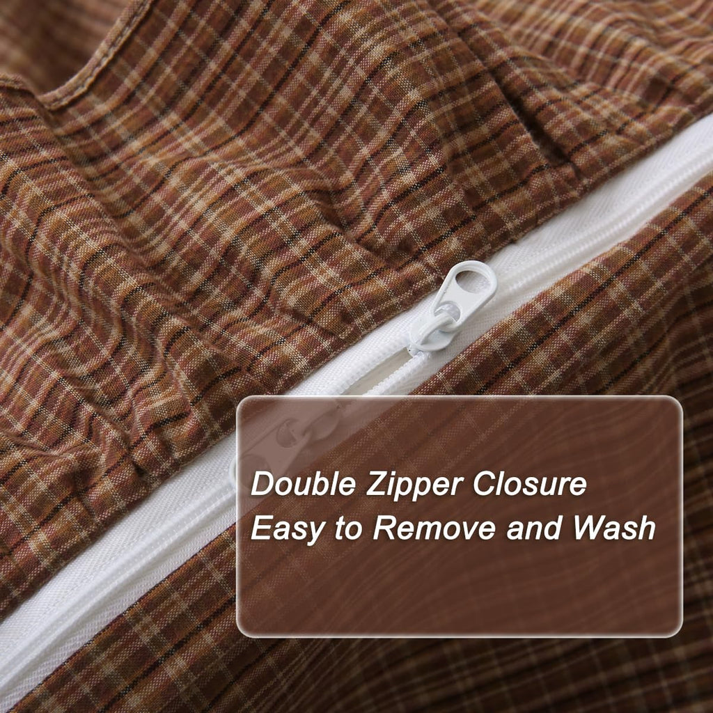 Rust Red/Brown Plaid Ruffle 3-Piece Duvet Cover Set Queen Size