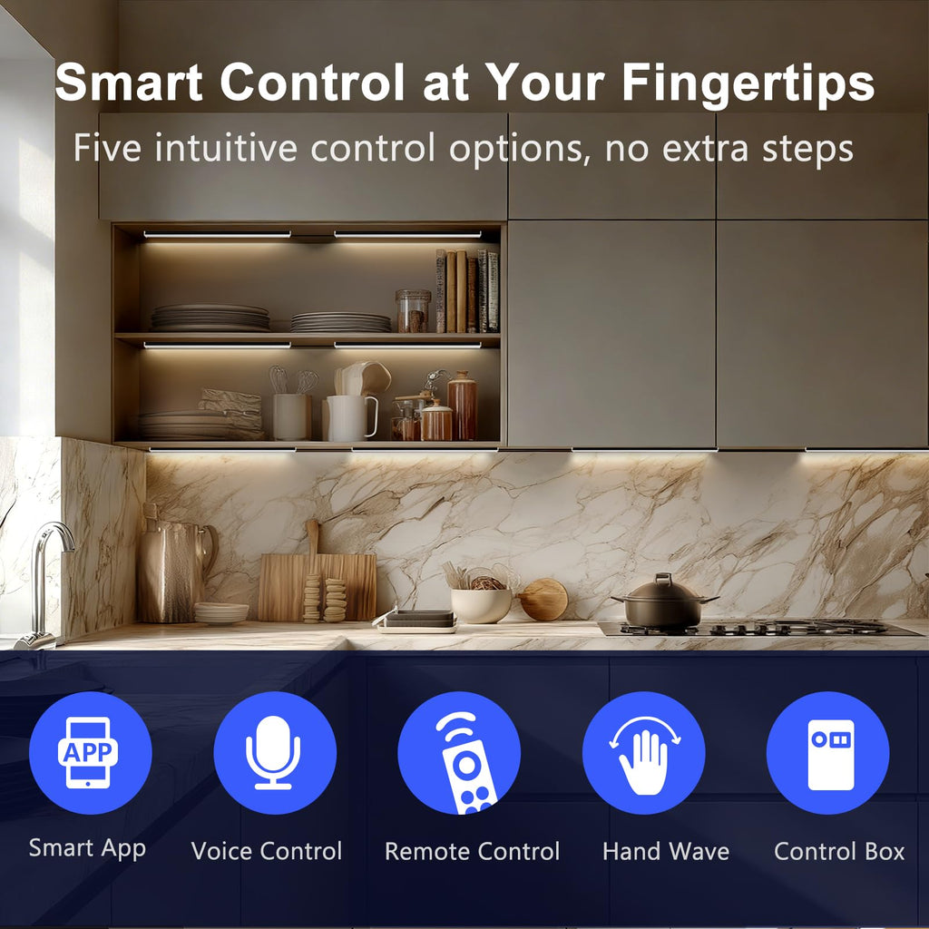 Smart Under Cabinet Lighting 6 Bars, App/Voice/Hand Wave Control, Black