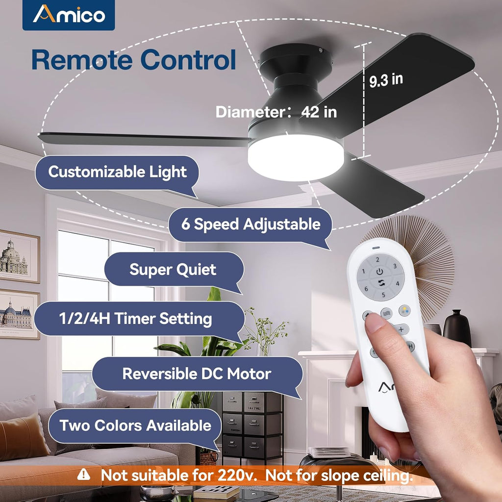 Ceiling Fans with Lights, 42 inch Low Profile Ceiling Fan with Light and Remote Control, Flush Mount, Reversible, 3CCT, Dimmable, Noiseless, Black Ceiling Fan for Bedroom, Indoor/Outdoor Use A102-B0C61JBT71