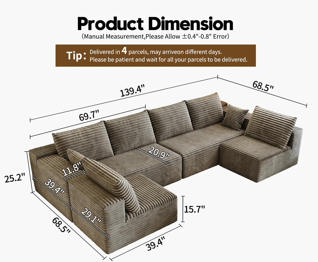 139.4" Modular Sectional Sofa, U-Shaped Minimalist Couches with 2 Middle Seats, Modern Deep Seat Convertible Sleeper