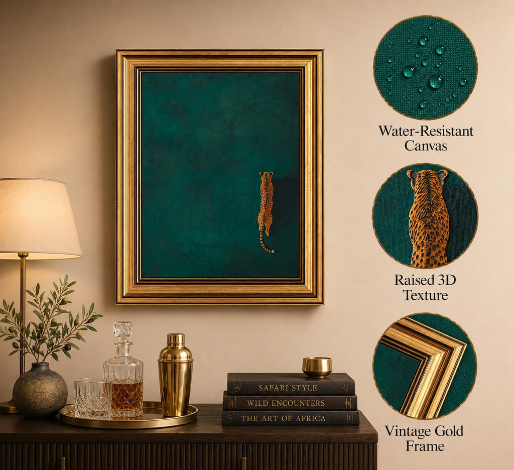 Gold Framed 3D Textured Wall Art, Vintage Green Cheetah Canvas Prints, Minimalist Emerald Green Leopard Pictures