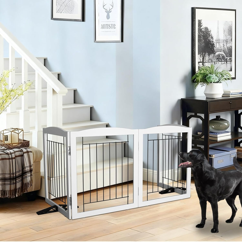 Freestanding Dog Fence Indoor, Foldable Dog Gate for Doorways, Stairs or Hallways, Sturdy Wood Extra Wide Pet Gate