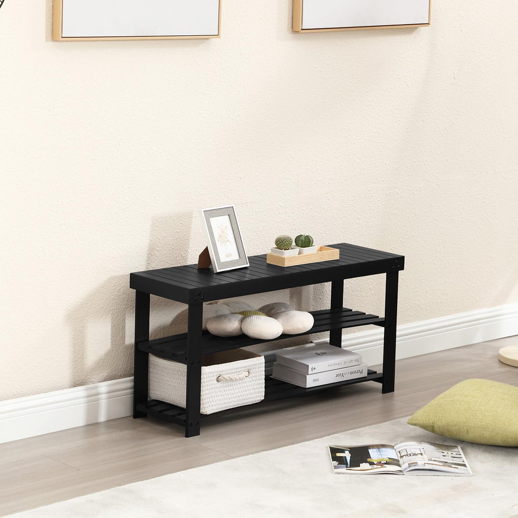 Bamboo Shoe Rack Bench, 3-Tier Shoe Storage Organizer, Black