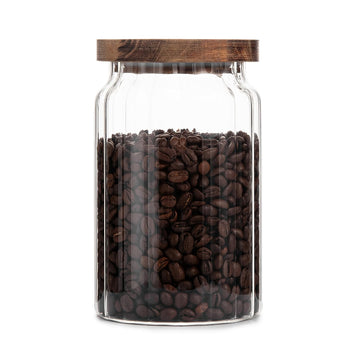 32 Fl oz Ribbed Glass Jar with Wood Lid, Vintage Airtight Coffee Canister