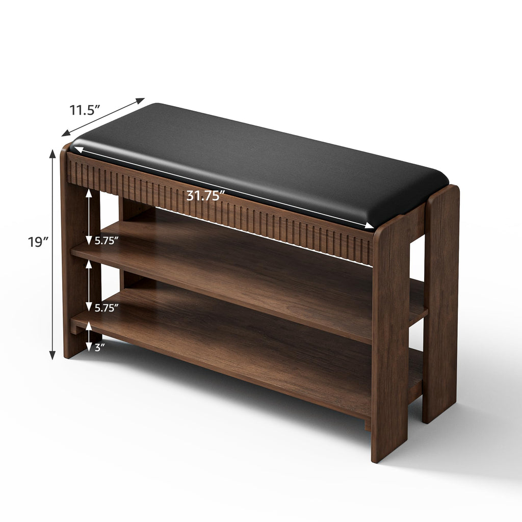 Shoe Bench with Cushion, Solid Wood 2 Tier Adjustable Storage Shoe Bench Rack, Closet, Living Room, Hallway
