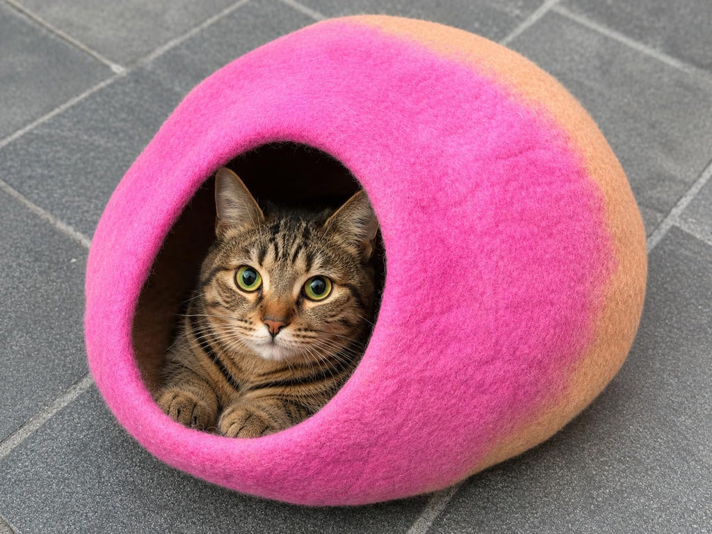 Felt Cat Cave Bed - Cozy Wool Pet House for Indoor Cats & Kittens, Enclosed Cat Hideaway, Warm Sleeping Pod, Pink &