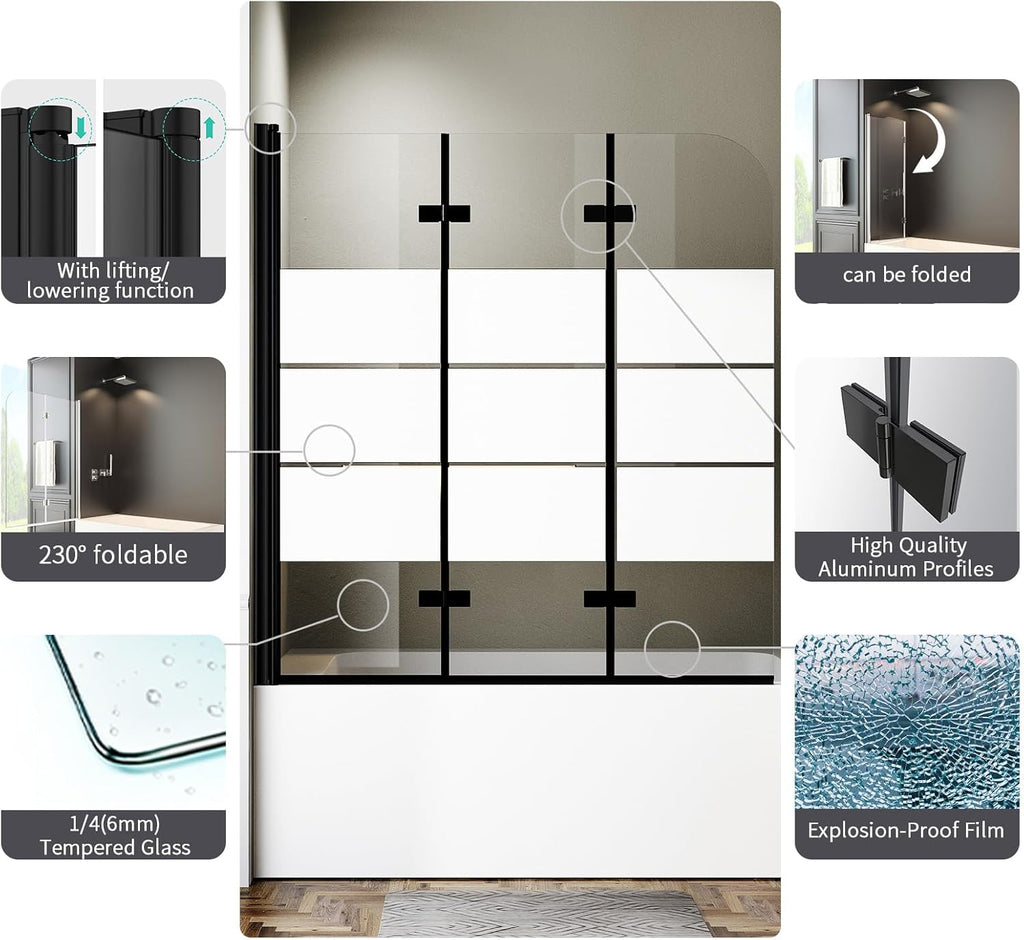 Bathtub Shower Door, Semi-Frameless Bypass 48" W x 55" H Foldable Hinged Bathtub Glass Door 1/4" Tempered Glass